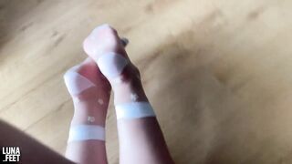 Showing my feet in new Sexy White Nylon Socks - amateur foot fetish