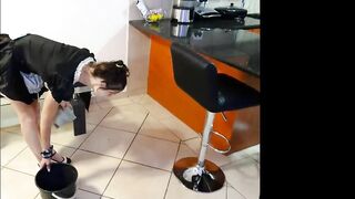 French maid gets pissed on while cleaning and cleans the mess showing her pussy and ass