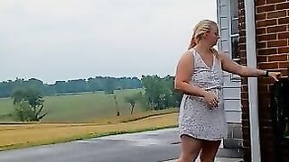 Nude outside in the rain and fucking dildo on car