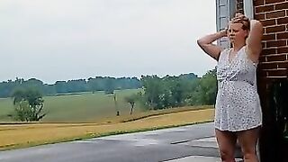 Nude outside in the rain and fucking dildo on car