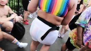 Wife under boob see through shorts at PRIDE parade