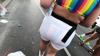 Wife under boob see through shorts at PRIDE parade