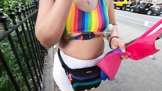 Wife under boob see through shorts at PRIDE parade