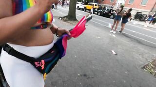 Wife under boob see through shorts at PRIDE parade