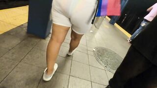 Wife see through shorts rainbow Bikini in public