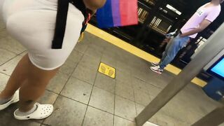 Wife see through shorts rainbow Bikini in public