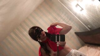 Sexy maid housewife outfit in white stokings topless mirror cellphone selfie homemade amateur video