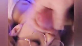 Chinese slut get cum dumped on glasses