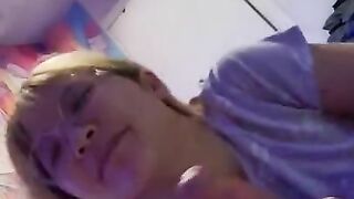 Chinese slut get cum dumped on glasses