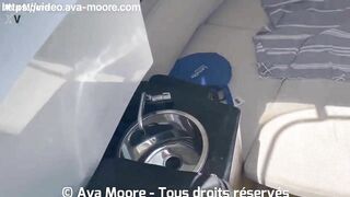 Two French sluts fuck each other's pussies with a double dildo on a boat