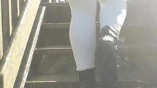 BWB performs a stairwalk in white freddy pants and my favourite pleaser heels on