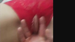 Close up Pussy Play. Clit Rubbing and Fingering in her Hot Red Crotchless Panties