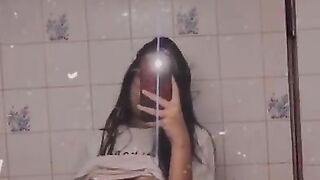 Topless cute selfie in student dorm college bathroom - real shy amateur cellphone mirror video girl