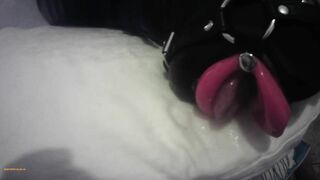 TEASER Laura is hogtied in latex catsuite and high heels, throated with a lip open mouth gag POV