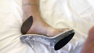 Cum on clear high heel mules and nylon feet