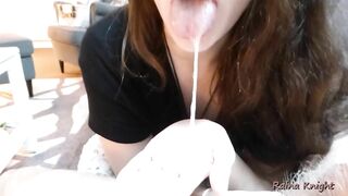 Hot LATINA deepthroats a thick cock then spits out and slurps back the cum before swallowing it