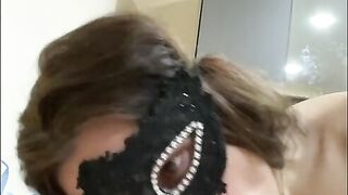 Sloppy Blowjob and spit on dick - rough deepthroat like a whore at home with a mask on my face