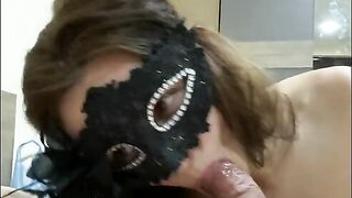 Sloppy Blowjob and spit on dick - rough deepthroat like a whore at home with a mask on my face