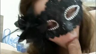 Sloppy Blowjob and spit on dick - rough deepthroat like a whore at home with a mask on my face