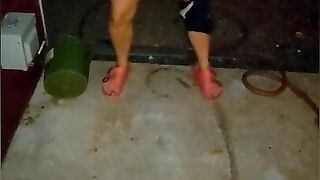 Cheating Hotwife pisses my cum out on my back porch for neighborhood to see